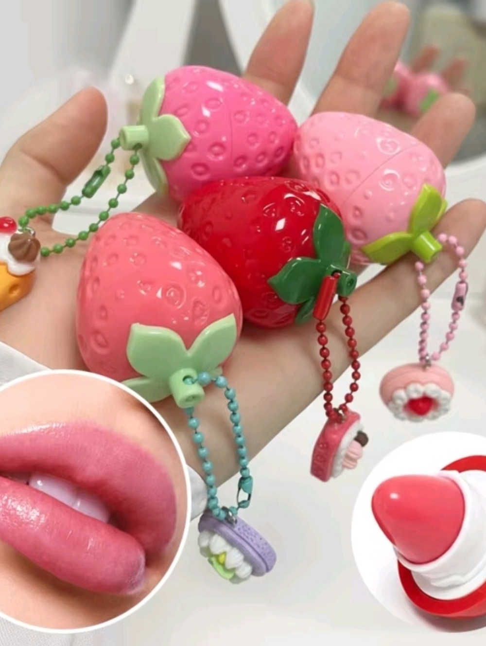 Handmade Strawberry Lip Balm Gloss Keychain Bag Charm Accessory - Picture 2 of 9